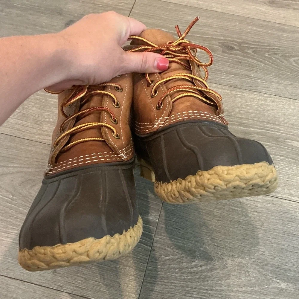 LL Bean Mens Leather Duck Boots 12 Brown Tan Bean Boots Rubber Rain Fisherman